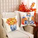 Set of 6 Fall Pumpkin Pillow Covers 18x18 Chinoiserie Pumpkin Pillow Cases Blue and Orange Grandmillennial Autumn Decorations for Couch Sofa Bed Harvest Thanksgiving Outdoor
