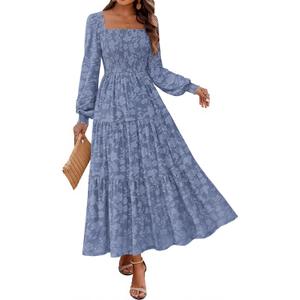 KIRUNDO Wedding Guest Dresses for Women 2026 Spring Summer Long Sleeve Smocked Floral Flowy Baby Shower Maxi Dress Pockets (Blue, M)