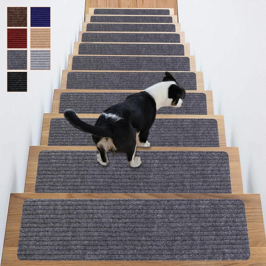 Stair Treads Non-Slip 16 Pack 8"x30" - Carpet Stair Runner for Indoor Wooden Steps with TPE Backing & Anti-Skid Surface, Reusable Adhesive Safety Rug for Kids/Elder/Pet-Friendly - Grey