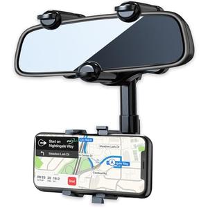 PKYAA Rearview Mirror Phone Holder for Car, 360° Rotating Rear View Mount with Adjustable Arm Length, Multifunctional and GPS Universal Car All Smartphones