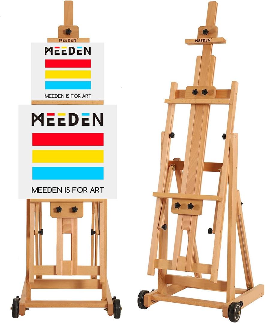MEEDEN Versatile Studio H-Frame Easel - All Media Adjustable Beech Wood Studio Easel, Painting Floor Easel Stand, Movable and Tilting Flat, Holds Canvas Art up to 77", 77 in / 196 cm