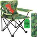 Huskfirm Padded Kids Camping Chair Folding Toddler Chair with Cup Holder & Safety Lock Portable Kids Beach Chair Ages 3-6 for Outdoor Camping Foldable Kids Chair Support 120lbs, Green Dinosaur