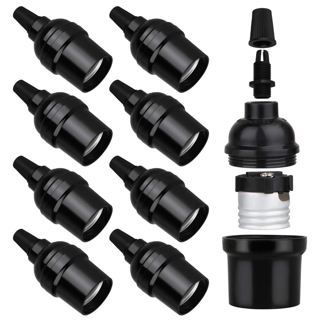 E26 E27 Light Sockets, 8 Packs Edison Period Retro Style Pendant Lamp Holder, Replacement DIY Pendant E26 Medium Base Screw Light Holder, Maximum Wattage 100W, Vintage Black Light Bulb Socket