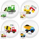 4 Sets Construction Truck Plates with Cups for Kids Toddlers Fun Construction Truck Eating Utensils Set Drop Resistant Cute Plastic Dishes Dishwasher Safe