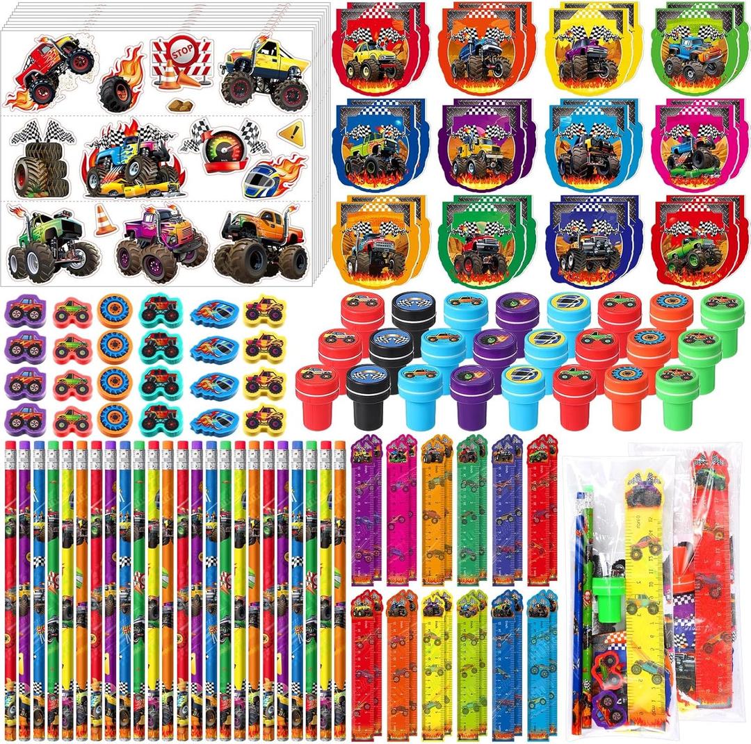 Cholemy 144 Pcs Monster Truck Party Favors Truck Party Supplies School Stationery Set Notebook Sticker Stamper Eraser Ruler Pencil Bag for Birthday Baby Shower Gifts Classroom Prize(Colorful,Monster)