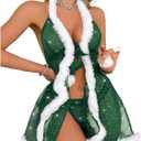 JasmyGirls Sexy Christmas Santa Lingerie for Women Sheer Unwrap Front Babydoll (Medium, Green)