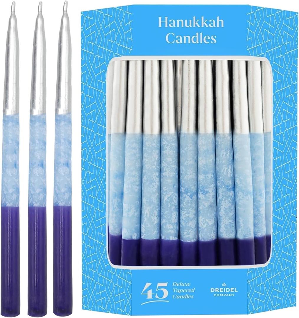 The Dreidel Company Dripless Blue, Purple Metallic Hanukkah Candles Premium Tapered Hand Decorated Chanuka Candles 1-Hour Burn Time (Single)