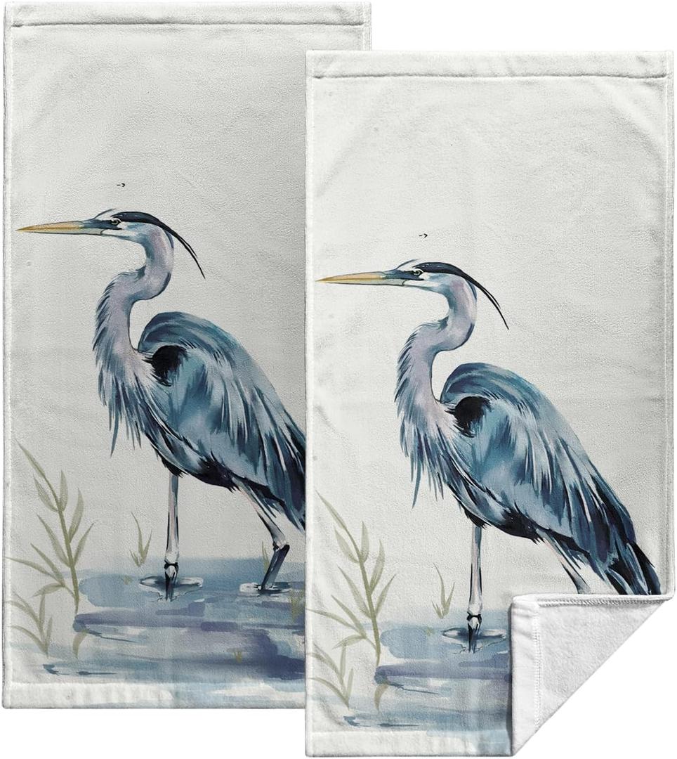 Blue Heron Coastal Hand Towels Set of 2 Summer Nautical Ocean Beach Themed Kitchen Towels Sea Bird Pelican Dish Towel Soft Absorbent Guest Fingertip Cotton Bath Towel for Bathroom Kitchen Decor