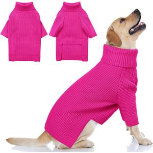 Queenmore XXL Dog Sweater, Large Dog Sweaters for Male Dogs, Turtleneck Plaid Kintsweaters for Large Breeds, Cold Weather Pullover Pet Clothes, Fuchsia 2XL