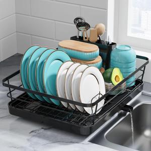 Dish Drying Rack - Stainless Steel Dish Rack for Kitchen Counter with a Cutlery Holder, Kitchen Organizers and Storage, Black (15.6"L x 12.0"W x 4.9"H)