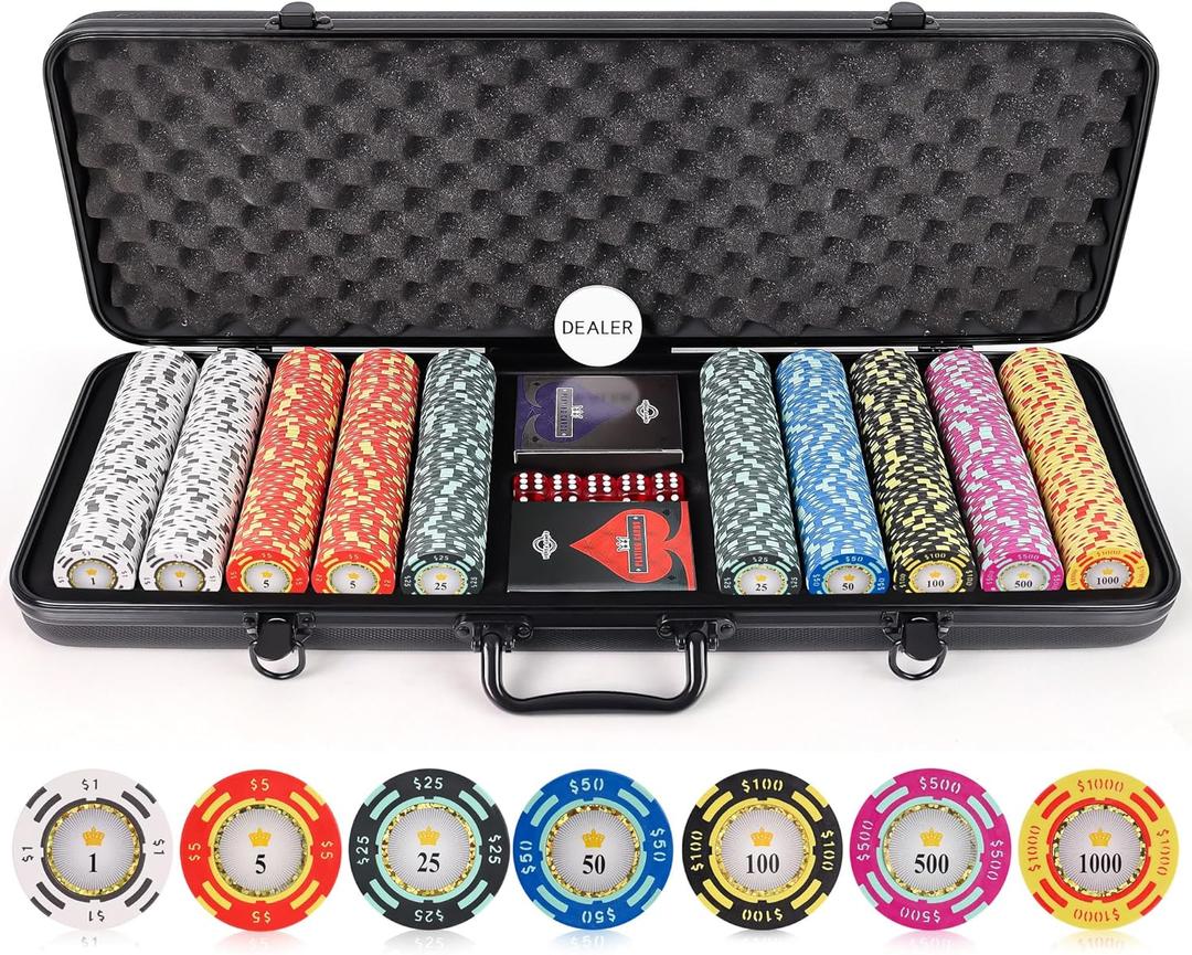 Versa Games Poker Chips - Clay Poker Chips Set - 13.5g 500 Piece Crown Casino Poker Set with Numbers Denomination - Upgraded Poker Set Case