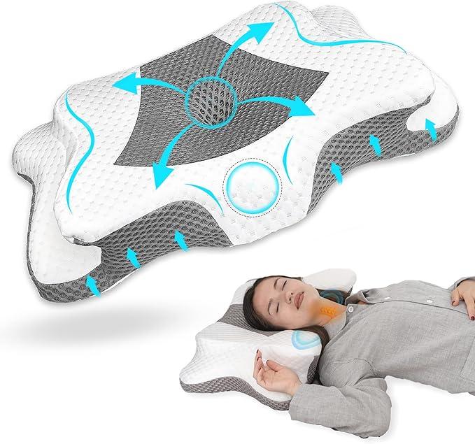 Cervical Pillow for Neck Pain Relief, Shoulder Pain, Ergonomic Dual Sided Back, Side, Stomach Sleepers Orthopedic Soft/Medium Queen (24.5" x 15" x 5.4"/4.1") (Light Grey)