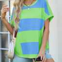 Tankaneo Womens Summer Tops Striped Oversized Short Sleeve Crew Neck Color Block Casual T Shirts Loose Basic Tee Blouses (Green, L)