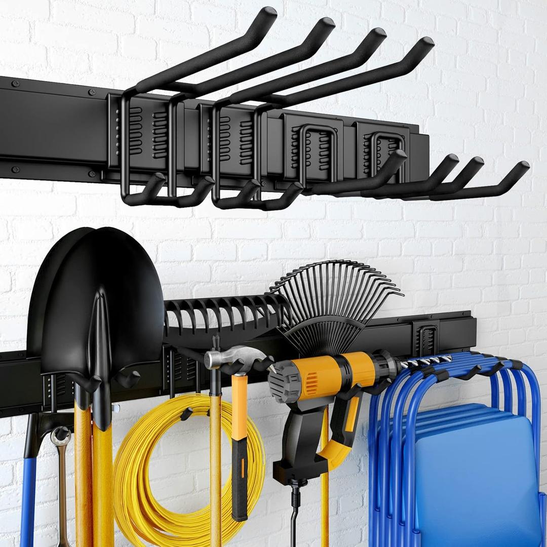 32 Inches Garage Storage, Garage Organization, Wall Mount Garden Tool Organizer, Max 300lbs Adjustable Metal Hooks, Yard Shed Hanging Rack, Heavy Duty Shelving for Rake Broom Mop Snowboard (32" Alloy Steel with 2 Panels & 4 Hooks)