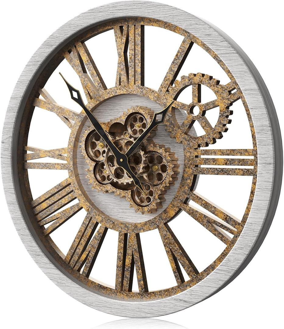 The B-Style Large Wall Clock Moving Gear Wall Clock Oversized Vintage Farmhouse Wall Clocks for Living Room Decor Rustic Industrial Wood Clock (Silver Gray, 18 inch/46cm)