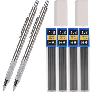 1.3 mm Mechanical Pencil Set with 4 Tubes Lead Refills,2 Eraser,1.3mm Mechanical Pencils,Metal Drafting Pencil, Lead Holder,Drawing Mechanical Pencils,Carpenter Pencils for Marking, Sketching