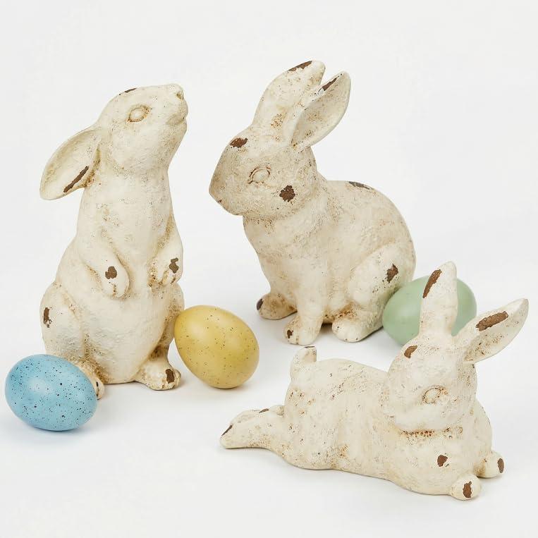 Easter Bunny Figurines Set of 3, 7.8 Inch Realistic Bunny Statues, Resin Resin Rabbit Statue for Spring Home, Table, Mantel, Farmhouse Decorations