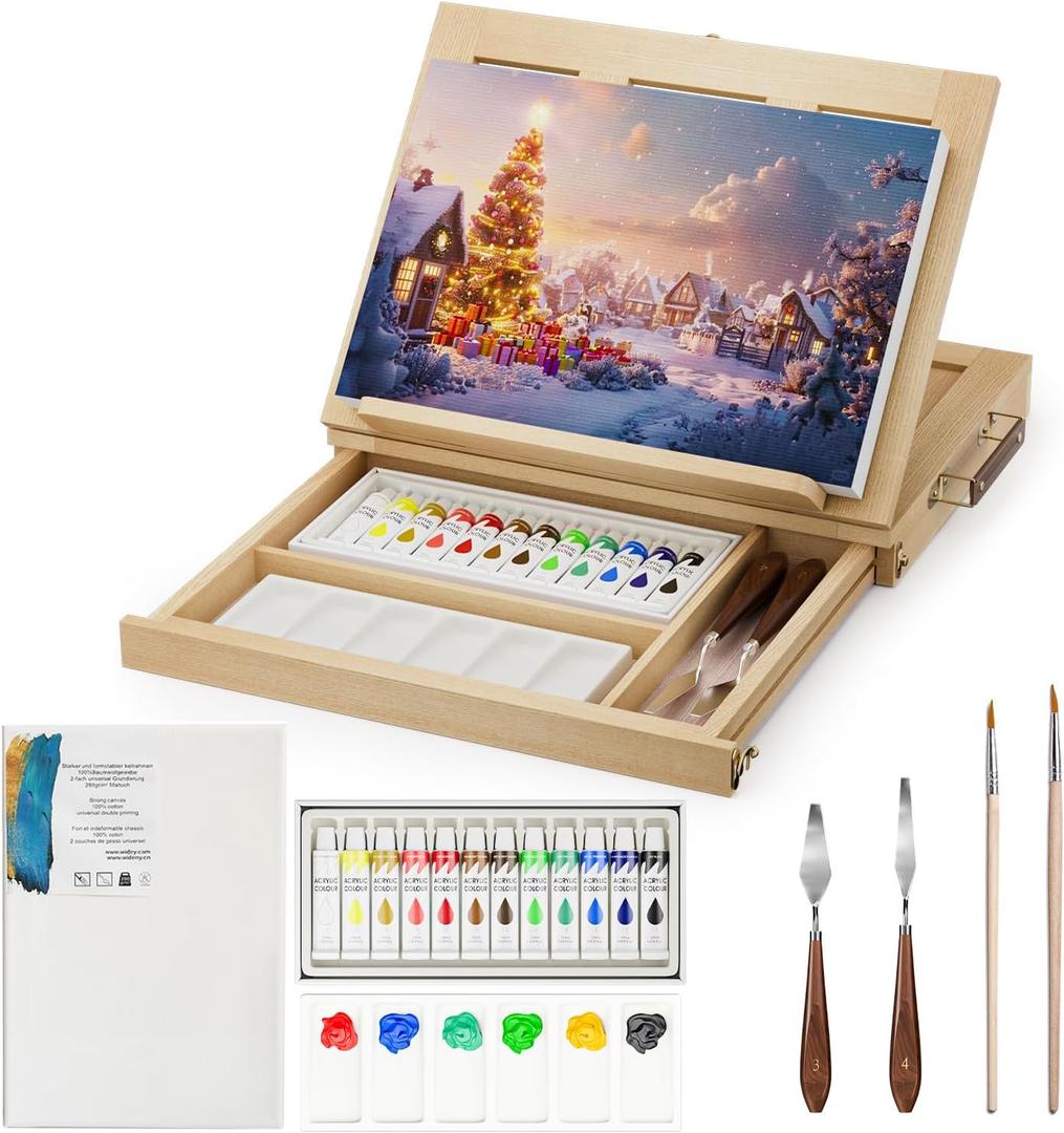 LUCYCAZ Tabletop Easel Set, Easel for Painting Canvases, Portable Wooden Art Easel Painting Kits for Adults Artist Kids, 12 Colors Acrylic Paints, 2 Brushes, Palette and Knives