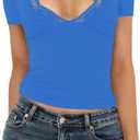 Women's Short Sleeve Sexy Lace V-Neck Summer Going Out 2025 Crop Tops Slim Fit Tees Trendy Y2k Clothing (Royal Blue)