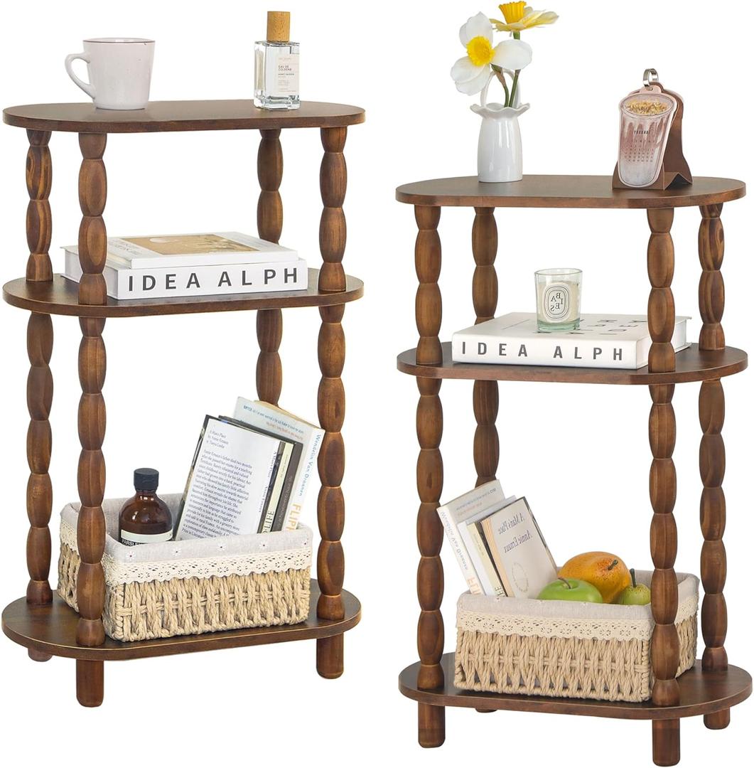 MaxSmeo Narrow Side Table Set of 2, 3-Tier Narrow End Table Living Room Set of 2 with Storage, Skinny Side Table Nightstand for Small Space, Bedrooms, Living Room (Rustic Brown)