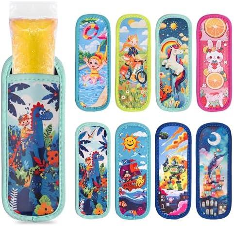 8 Pcs Ice Pop Sleeves, Reusable Washable Popsicle Sleeves for Freeze Protection & Insulation, Popsicle Holder for Kids with 8 Cute Patterns, Neoprene Colorful Sleeves for Boys and Girls 4Pack