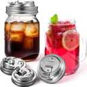 Baderke 4 Pcs Stainless Steel Mason Jar Drinking Lids for Wide Mouth Mason Jars, Rust Proof Leak Proof Seal Cover fit Home Tea, Milk, Juice Drinks Airtight Turns your Container into Pitcher (3.39 Inch)