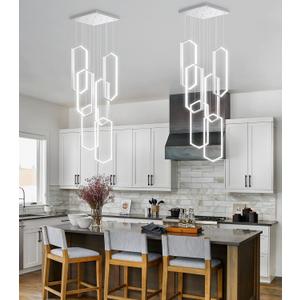6 Rings Modern Chandelier LED Dimmable Pendant Lighting Adjust Flush Mount Ceiling Light for Foyer Lobby Living Room Staircaes Sliver 78.7'' (20in x 9.4in x 78in, Silver)