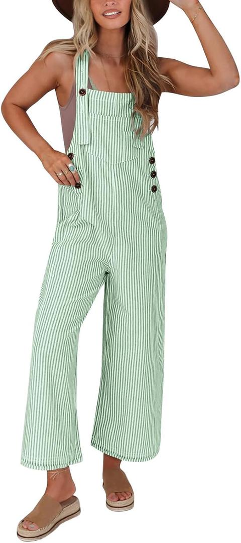 PRETTYGARDEN Overall Jumpsuit For Women 2025 Summer Casual Wide Leg Sleeveless Button Striped Jumpsuits Trendy Outfits (Green, XXL)