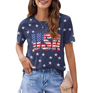 Women Distressed American Flag Graphic Shirt USA Stars Stripes Patriotic Short Sleeve Top, 2XL