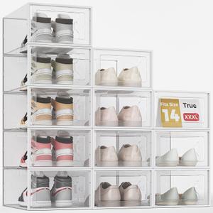 SEE SPRING XXX-Large Fit Size 14 Shoe Storage Box, Clear Plastic Stackable Shoe Organizer for Closet, Shoe Rack Sneaker Container Bin Holder for Entryway, Closet, Under Bed
