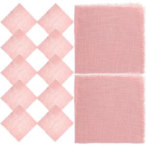 12pcs Washable Cotton Linen Cloth Napkins Fringed Edges, Soft Reusable Table Napkins for Weddings, Restaurants, and Indoor Dining in Lotus Pink 16x16