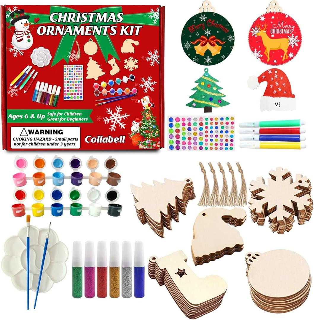 Collabell Christmas Wooden Painting Craft Kit, Paint Your Own Xmas Ornaments, Unfinished Wood Slices Christmas Crafts for Kids Adults, Art and Craft Supplies for Christmas Tree Hanging Decorations (red)