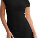 LAGSHIAN Women's Summer Off Shoulder Trendy Ruched Stretch Bodycon Cocktail Party Flare Mini Dress, Black, Large