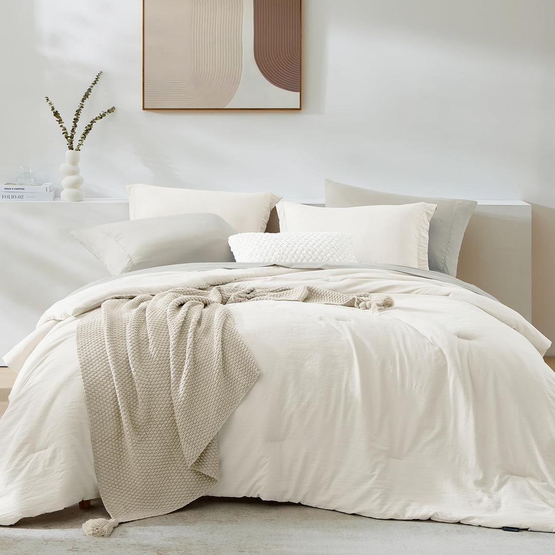 WRENSONGE Queen Comforter Set - 7 Pieces White Soft Bed in a Bag Queen with Fitted Sheet, Flat Sheet, 2 Pillow Shams, and 2 Pillowcases- Warm Bedding Sets for All Season