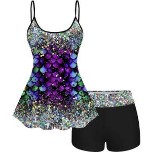 ROSE GAL Women Plus Size Hawaii Two Piece Tankini Swimsuit Set 3D Glitter Mermaid Print Padded Cami Swim Top and Boyleg Swimsuits 2 Piece Bathing Suits Tummy Control Swimwear(Black_1/ L)