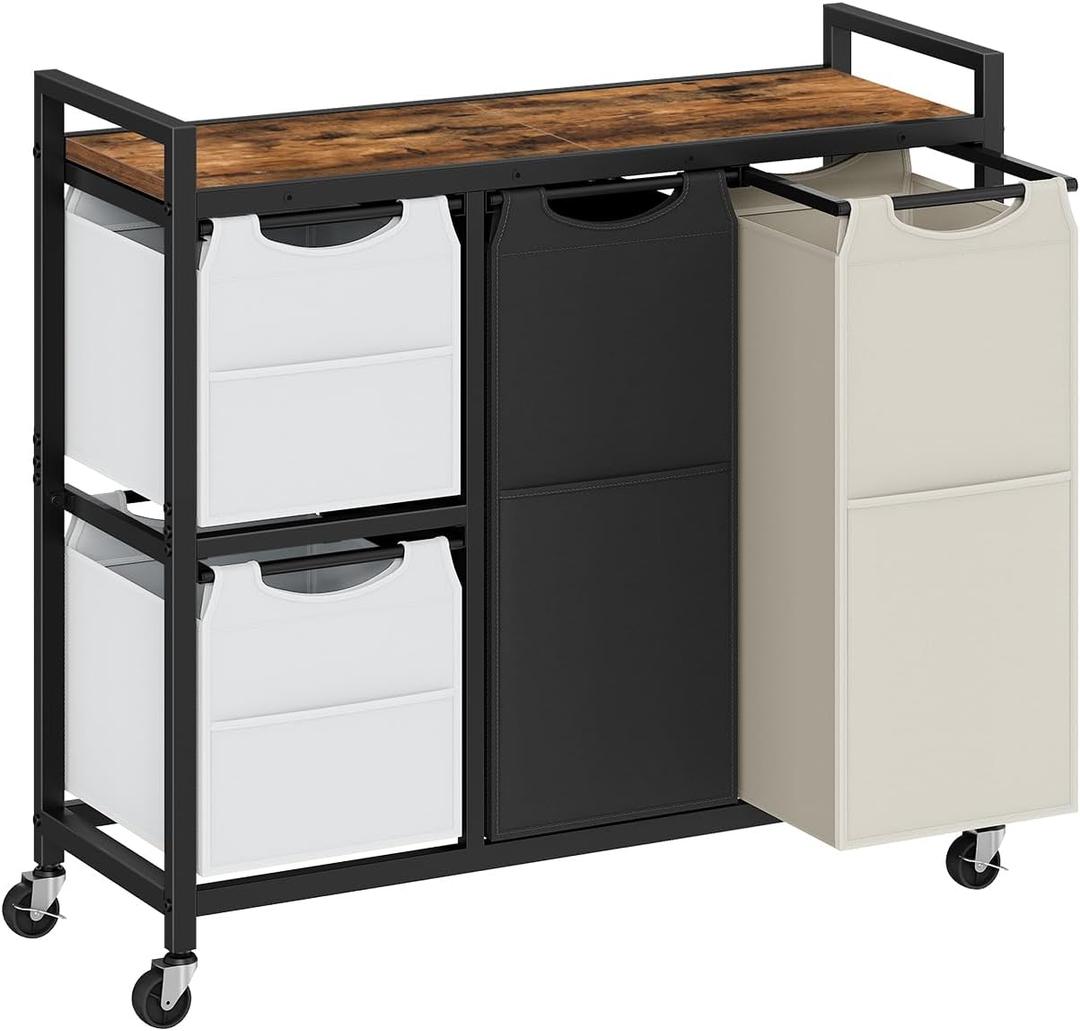 HOOBRO Laundry Sorter with 4 Section, 39 Gal. (147 L) Laundry Hamper with Wheels, Rolling Laundry Basket with Shelf, Pull-Out Detachable Bags, Side Pockets, Rustic Brown, Black and Beige BFE14XY01N1