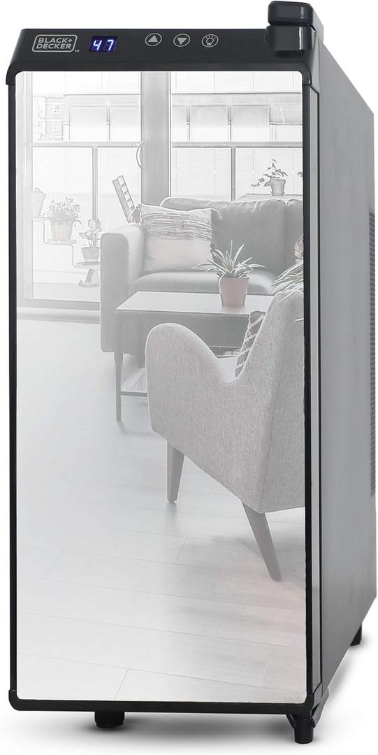 BLACK+DECKER Wine Fridge 12 Bottles, Thermoelectric Wine Cooler Refrigerator with Mirrored Front, Freestanding 12 Bottle Wine Fridge, BD60336