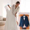 2 Pcs Blue Wedding Bride Hanger Bride and Groom Wooden Dress Hanger Set with Bow Tie for Tuxedo Suit Wedding Gift Bridal Party Shower