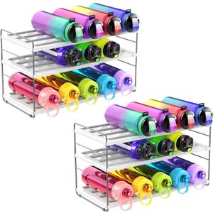 YAN & HIN Water Bottle Organizer for Cabinet, 3-Tier Expandable Bottle Storage Rack, Adjustable Height Holds 15 Bottles, Tumbler & Baby Bottle Organizer for Kitchen Pantry Counter (2 Pack) (Set of 2)