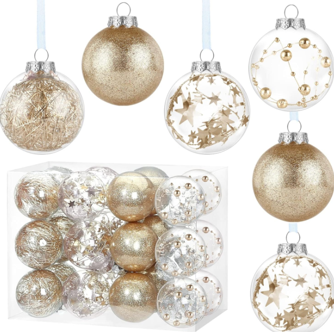 KESOTO 24Ct Christmas Ornament Balls 60mm/2.3", Shatterproof Champagne Christmas Tree Decorations Ornament Sets Clear Plastic Xmas Hanging Ball Decor, Rose gold