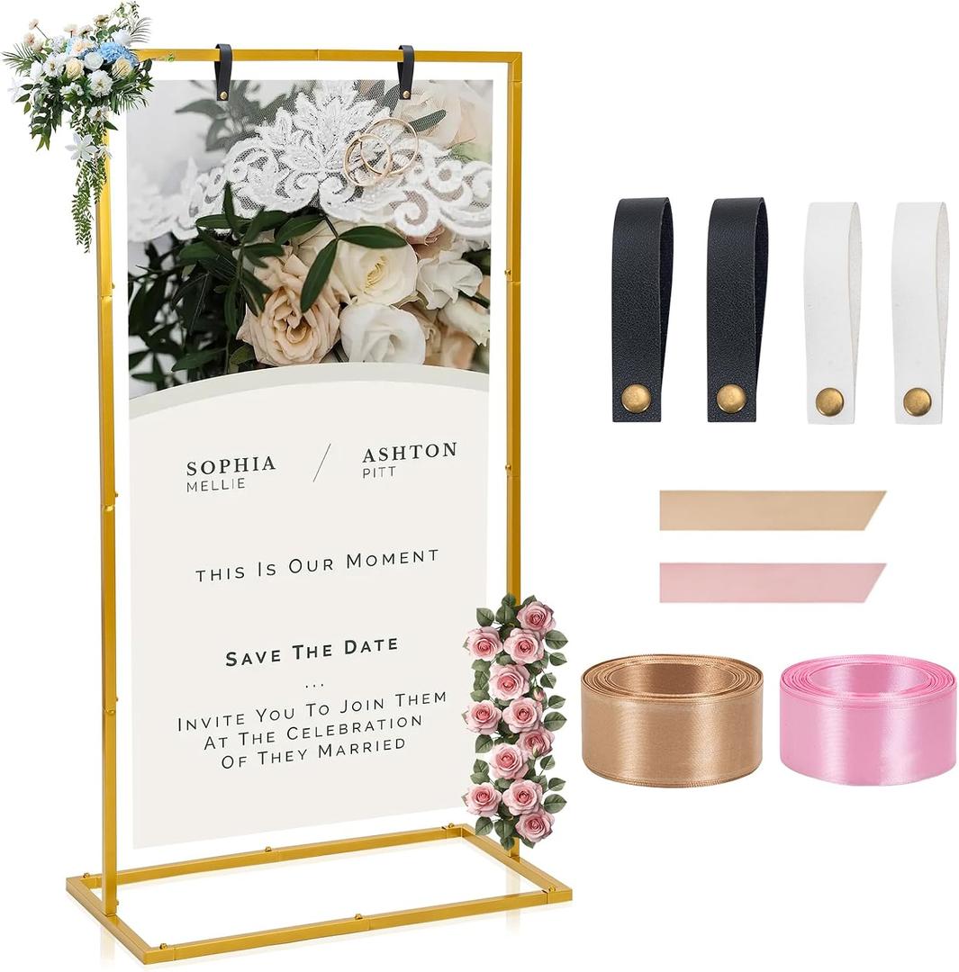 Elegant Wedding Sign Stand & HolderGolden Heavy Duty Metal Wedding Welcome Sign Stand for ReceptionWelcome to Our Wedding Hanging Sign Stand - Perfect for Seating Chart, Posters, and Decor