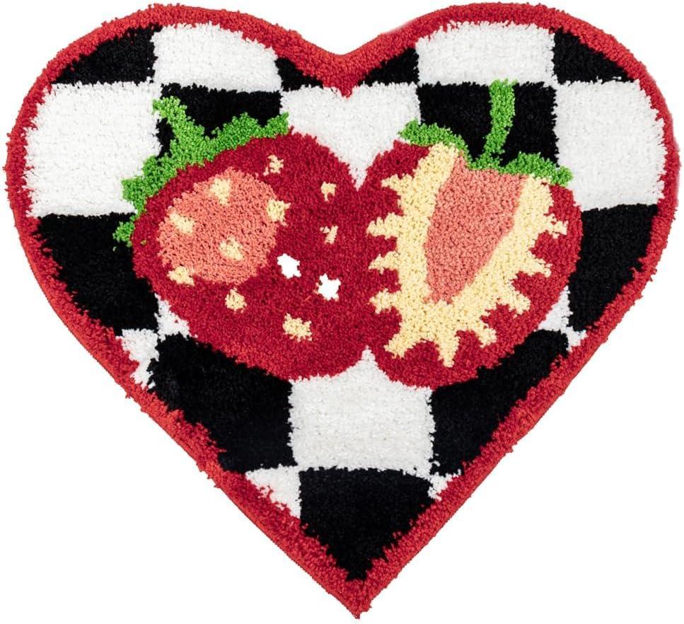 Fruit Strawberry Bath Mat for Bathroom, Cute Bathroom Mats Non Slip Heart Shape Bathtub Rug Plush Shower Bath Rugs Absorbent Bath Tub Shaggy Mat Washable 22x23.6in