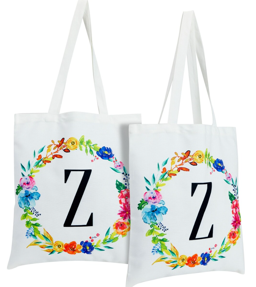 Set of 2 Reusable Monogram Letter "Z" Personalized Tote Bags for Women, Floral Design (29 Inches)