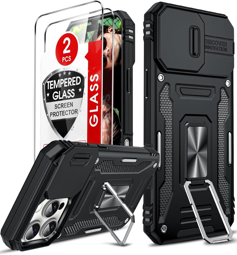 LeYi Compatible for iPhone 16 Pro Max Case: 16 Pro Max Phone Case with Screen Protector 2PCS Tempered Glass, Slide Camera Cover & Magnetic Kickstand Funda para 16 Pro Max, Black