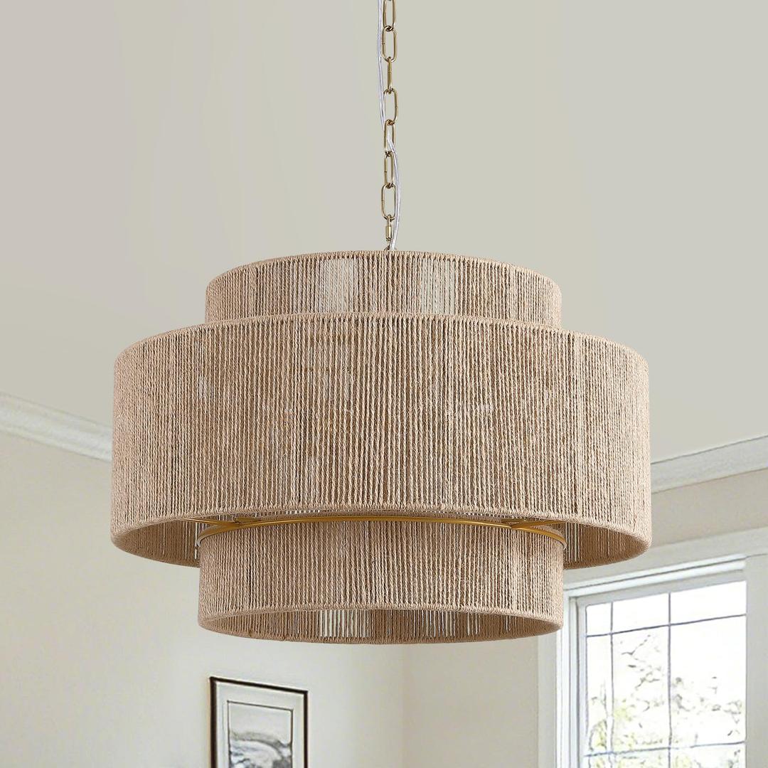 Siljoy 24 Boho Rattan Chandelier, Farmhouse Dining Room Chandeliers with 3-Tier Hand Woven Shade, 5-Light Gold Chandeliers for Living Room, Bedroom, Kitchen, Hallway, Foyer
