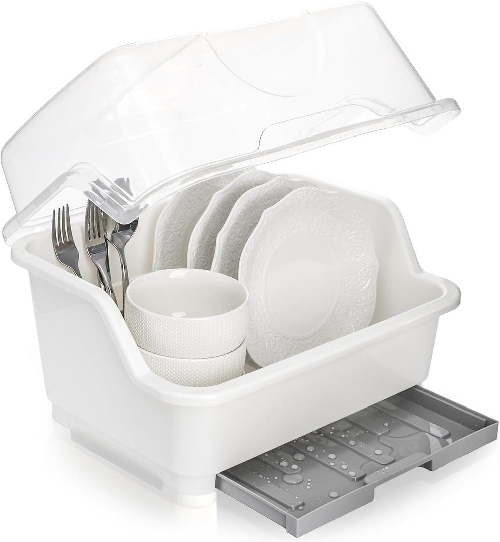 Dish Drying Rack, Plastic Plate Cup Dryer Holder with Lid Removable Drainboard, Cutlery Utensil Dish Nursing Bottle Organizer for Tableware, Kitchen Cabinet