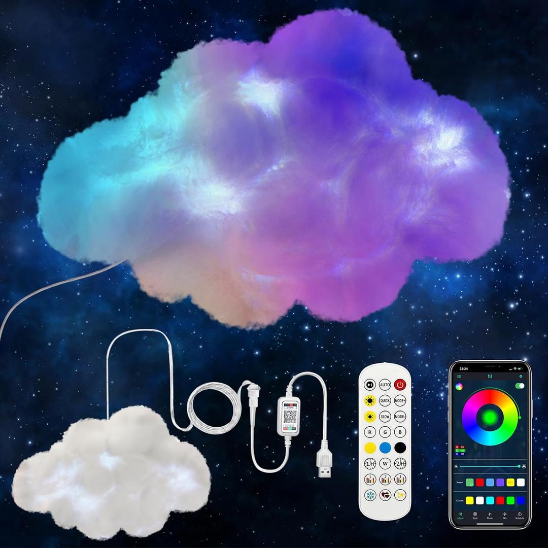 LED Wall Cloud Light for Bedroom, WOOHERLOO Stick-on Cloud Lamp Smart APP and Remote Control, Fluffy Cloud Night Light RGB Music Sync Lights for Room, Cool Stuff for Teen Girl, Kids Room Decor (60CM)