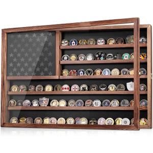 Challenge Coin Display Case, Lockable Military Coin Holder Cabinet with Removable Star Board & HD Tempered Glass Door (27.6" L x 18.1" W), Solid Wood Wall Mount Coins Collection Rack Stand