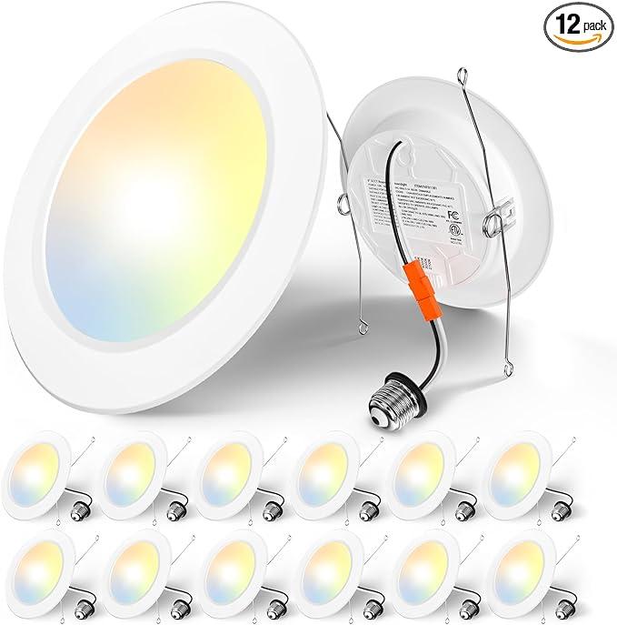 Amico Recessed Lighting 5/6 Inch, 6 Pack 5CCT Flat LED Can Lights, 2700K/3000K/4000K/5000K/6000K Selectable,12W Eqv 110W, 1050LM Brightness, Retrofit Installation - ETL & FCC, White