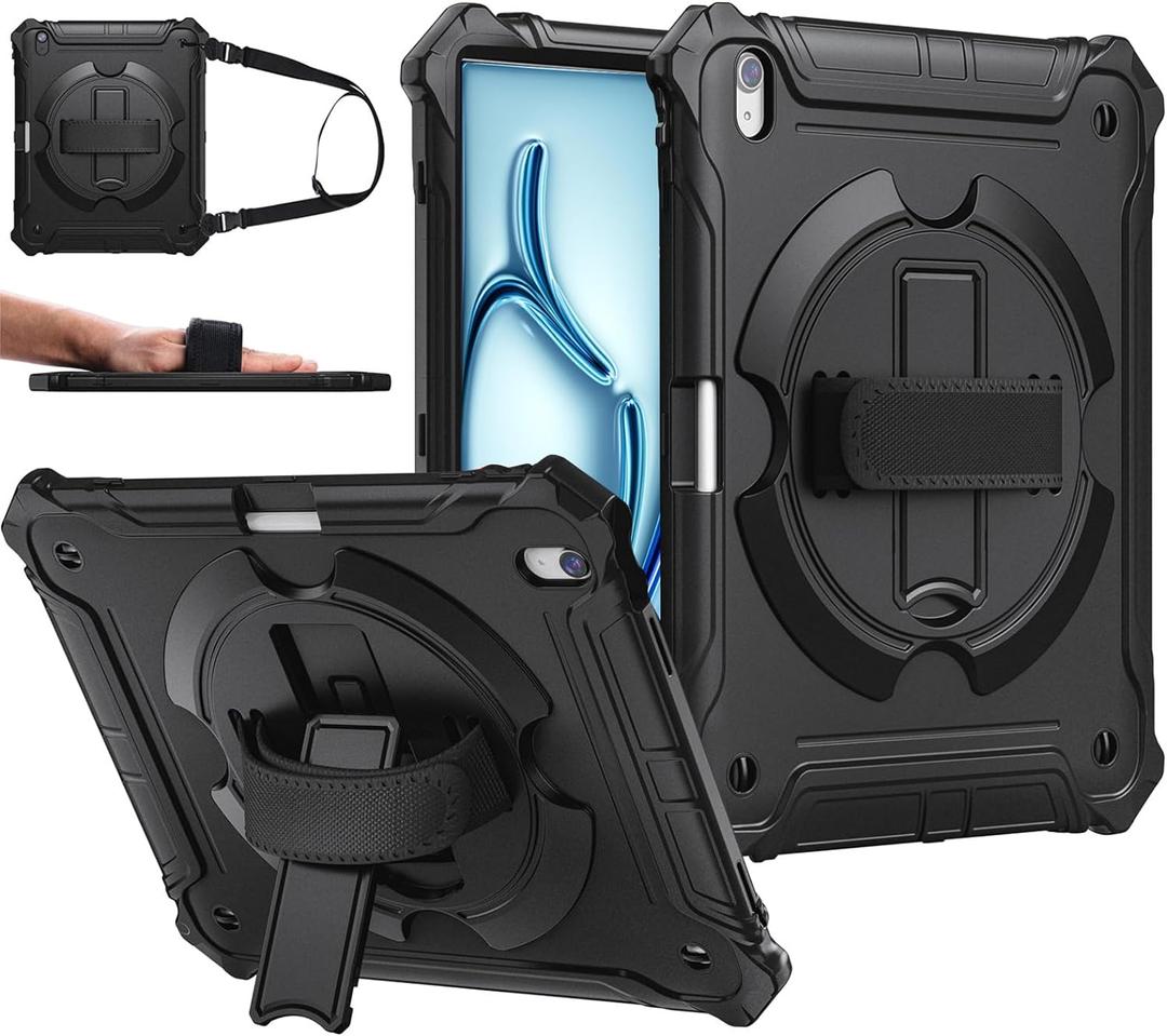 ZtotopCases for iPad Air 11 Inch (M3 2025 / M2 2024), iPad Air 6th Generation Case Shockproof Air 5th/4th Generation Case for 10.9 Inch with 360 Rotating Stand Hand/Shoulder Strap, Black (iPad Air 11" (2024), Black)